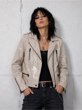 CHASER Women’s Patent Leather Biker Jacket in Beige Cream Polar Bear Size XS NWT